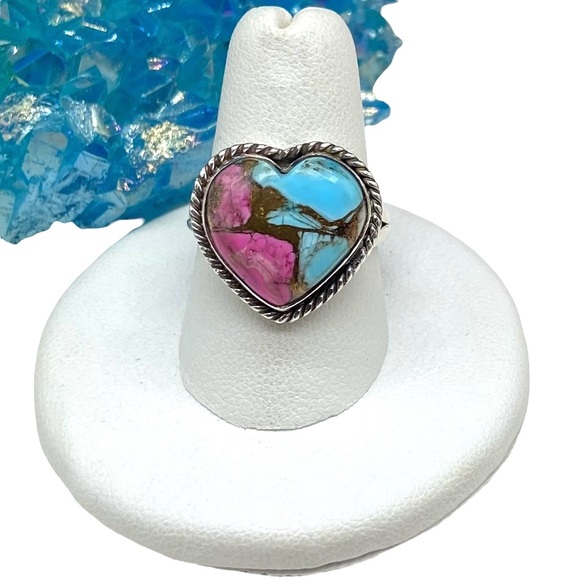 Cotton Candy Kingman Turquoise Pink Heart Ring Size 8 Solid 925 Sterling Silver - Picture 1 of 5